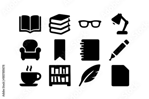 Reading Culture Icons. Reading culture. Solid icon set of reading culture: open book, stack of books, glasses, lamp, chair, bookmark, notebook, pen, coffee