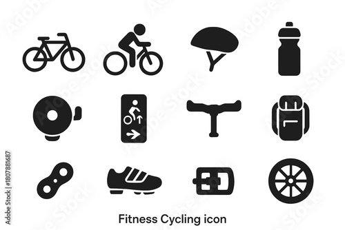 Fitness Cycling Icons. Fitness Cycling. Solid icon set of Fitness Cycling: bicycle, rider, helmet, water bottle, bell, bike lane, handlebars, pedal, chain,