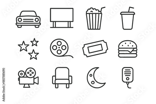 Retro Drive-In Icons. Retro Drive-In. Line icon set of Retro Drive-In: vintage car, big screen, popcorn, soda, stars, film reel, ticket, burger, projector,