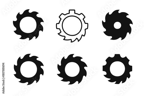 Power Saw Logo Variations. Power saw blade. Icon set. Set Logo of Power Saw Blade: mechanical gear merged with saw blade. harmonious logo variations of the