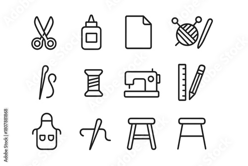 Craft Tools Icons. Craft workshops. Line icon set of craft workshops: scissors, glue, paper, yarn, knitting needles, needle, thread, sewing machine, ruler,