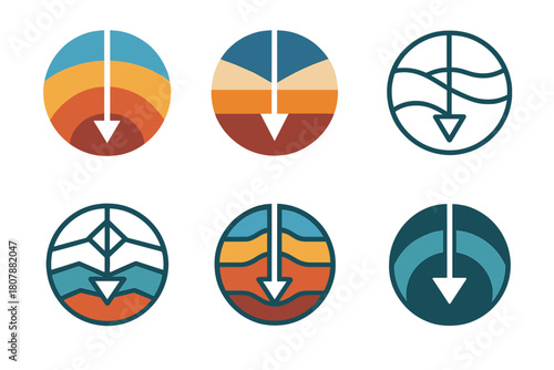 Earth Layers Logos. Earth layers. Icon set. Set Logo of earth layers: geological drill passing through Earth's layers. harmonious logo variations of the same