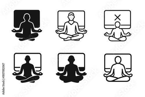 Digital Detox Icons. Digital detox and mindfulness practices. Icon set. Set Logo of digital detox and mindfulness practices: smartphone transforming into a