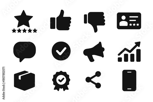 Marketing Influence Icons. Influence of Customer Reviews and Online Ratings on Marketing. Solid icon set of Influence of Customer Reviews and Online Ratings on