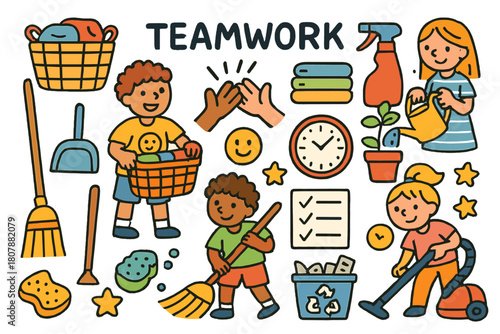 Team Chores Doodle. Teamwork chores. Colorful Hand-drawn doodle Children illustration Teamwork chores laundry basket, broom, dustpan, spray bottle, folded