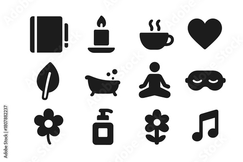 Self-Care Icons Grid. Self-care practices. Solid icon set of Self-care practices: journal, candle, tea cup, heart, leaf, bath, book, yoga pose, sleep mask,