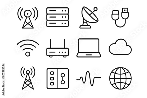 Tech Infrastructure Icons. Technology Infrastructure. Line icon set of Technology Infrastructure: radio tower, server rack, satellite dish, data cable, wifi