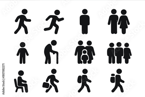 Daily Life Icons. Daily Life. Solid icon set of Daily Life: person walking, person running, man, woman, child, elderly person, family, couple, group of people,