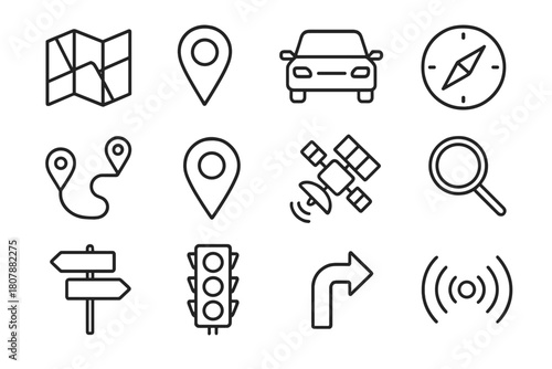 GPS Icon Set. GPS navigation. Line icon set of GPS navigation: map, GPS pin, car, compass, route line, location marker, satellite, magnifying glass, street