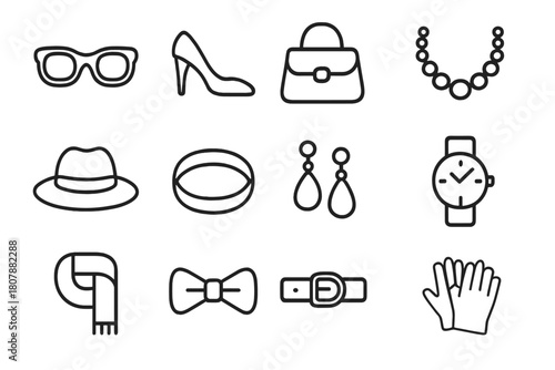 Fashion Icon Set. Fashion Identity. Solid icon set of Fashion Identity: sunglasses, hat, scarf, necklace, bracelet, ring, watch, earrings, bag, shoes, belt,