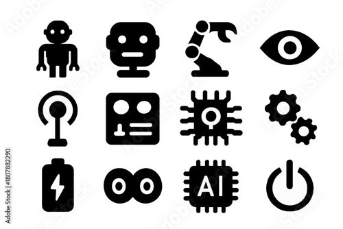 Black Robot Icon Set. Robot. Solid icon set of Robot: humanoid robot, robot head, robotic arm, sensor eye, antenna, control panel, circuit core, gear