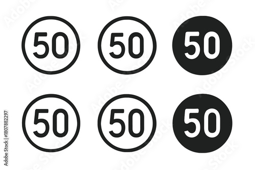 Speed Limit Icons. Restrictions. Icon set. Set Logo of Speed Limit: Road sign with number. Stylized detail, Iconic shape, Minimal outline, Filled silhouette,