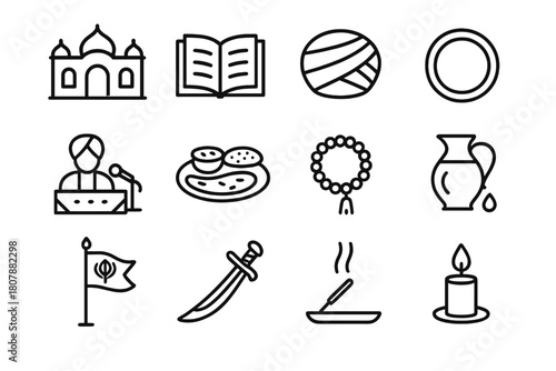 Sikh Ritual Icon Set. Sikhism rituals. Line icon set of Sikhism rituals: gurdwara, prayer book, turban, kara bracelet, kirtan music, langar meal, prayer beads,