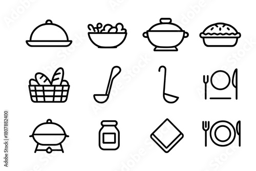 Festive Potluck Icons. Festive potluck dinner. Line icon set of festive potluck dinner: covered dish, salad bowl, soup tureen, pie, bread basket, serving