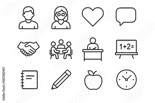 Student Engagement Icons. Student engagement. Line icon set of Student engagement: group discussion, quiz, hand raise, project, teamwork, chat, presentation,