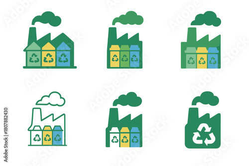 Industrial Waste Icons. Reducing industrial pollution through waste management. Icon set. Set Logo of reducing industrial pollution through waste management: