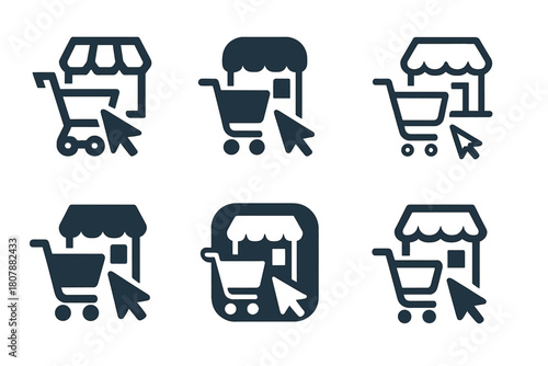 Online Shopping Impact. the influence of online shopping on brick-and-mortar stores. Icon set. Set Logo of the influence of online shopping on brick-and-mortar