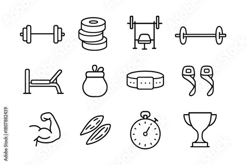 Strength Training Icons. Strength training quotes. Line icon set of strength training quotes: barbell, plates stack, squat rack, deadlift bar, bench press