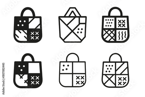 Upcycled Fashion Logos. upcycled fashion accessories. Icon set. Set Logo of upcycled fashion accessories: handbag made from recycled materials. harmonious logo