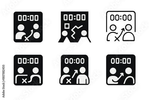 Strategy Game Logos. Engaging in a strategy game. Icon set. Set Logo of engaging in a strategy game: scoreboard with timer and player icons. harmonious logo