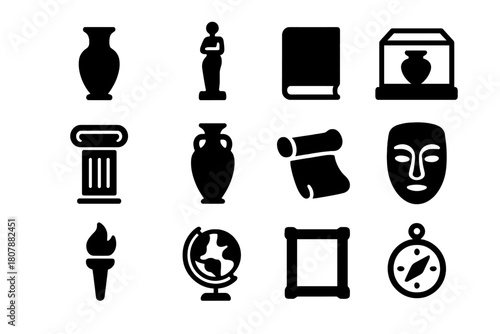 Museum Icon Collection. Museum and artifacts. Solid icon set of museum and artifacts: vase, statue, book, display case, column, pottery, scroll, mask, torch,
