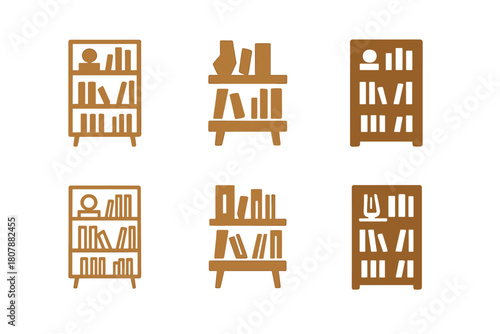 Stylized Bookshelf Icons. A modern bookshelf with clean lines and a wood finish. Icon set. Set Logo of A modern bookshelf with clean lines and a wood finish: