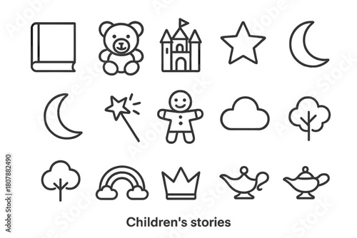 Children's Story Icons. Children?s stories. Line icon set of children?s stories: book, teddy bear, castle, star, moon, magic wand, puppet, cloud, tree,