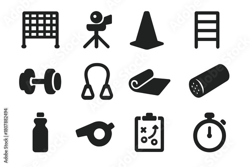 Training Icons Grid. Training & Fitness. Solid icon set of Training & Fitness: practice nets, bowling machine, cones, ladder drill, dumbbells, resistance band,