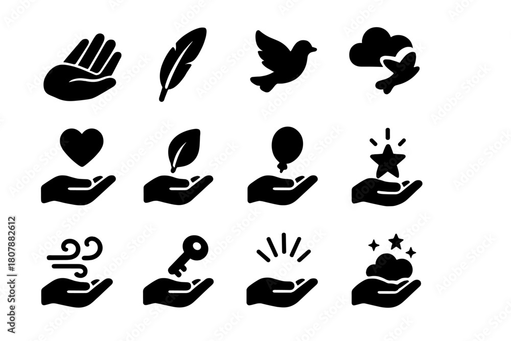 Fototapeta premium Icons of Release. Letting go. Solid icon set of letting go: hand, feather, bird, cloud, heart, leaf, balloon, star, wind, sky, key, light rays. Filled icons