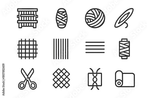 Weaving Icon Set. Weaving. Line icon set of weaving: loom, thread, yarn, shuttle, fabric grid, warp, weft, spool, scissors, pattern, knot, textile roll. All