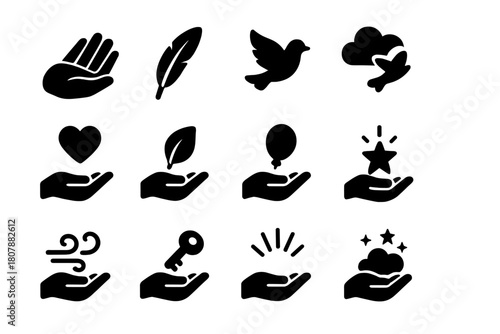 Icons of Release. Letting go. Solid icon set of letting go: hand, feather, bird, cloud, heart, leaf, balloon, star, wind, sky, key, light rays. Filled icons