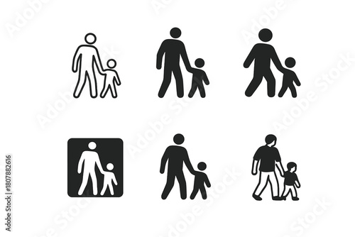 Father-Son Logo Variations. Father and son activity. Icon set. Set Logo of father and son activity: walking together. harmonious logo variations of the same