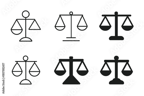 Balance Scale Icons. Feedback tone perception. Icon set. Set Logo of Balance Scale: Fair evaluation. Abstract geometric, Stylized detail, Minimal outline,