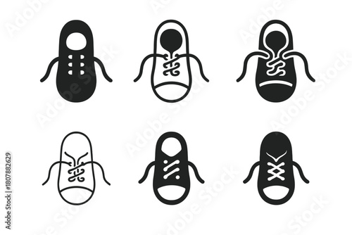 Shoe Lace Icons. shoe lace. Icon set. Set Logo of shoe lace: tied bow on running shoe. harmonious logo variations of the same emblematic concept, each with