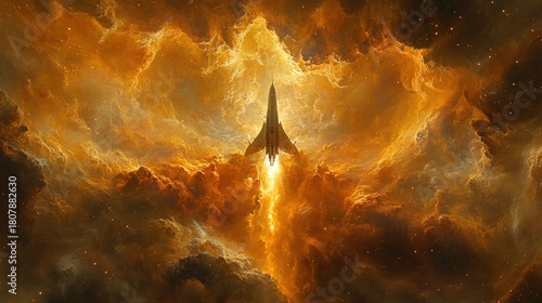 Fototapeta Naklejka Na Ścianę i Meble -  A lone rocket ship ascends through a vibrant and fiery nebula in the vast expanse of space