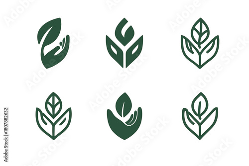 Sustainable Fashion Logos. Eco-conscious fashion shows and events. Icon set. Set Logo of sustainable style: leaf-shaped hanger. harmonious logo variations of