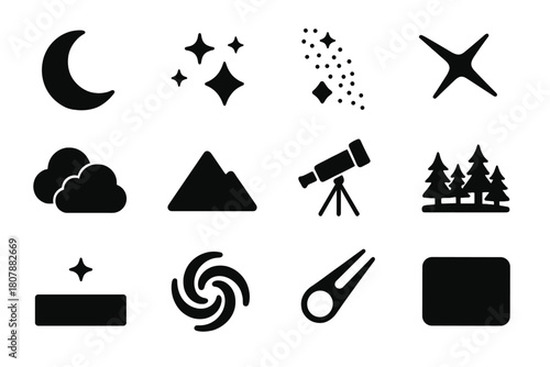 Night Sky Icons. Night sky view. Line icon set of Night sky view: stars, crescent moon, full moon, shooting star, comet, planet, telescope, cloud, owl,