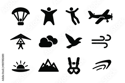 Aerial Adventure Icons. Aerial Adventure. Solid icon set of Aerial Adventure: paraglider, wingsuit, skydiver, airplane, hang glider, clouds, bird silhouette,