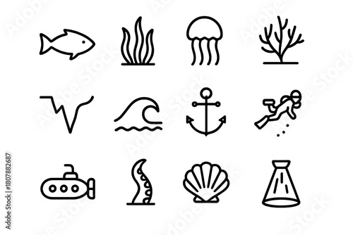 Ocean Depths Icons. Ocean depths. Line icon set of ocean depths: fish silhouette, seaweed, jellyfish, coral, deep trench, wave, anchor, diver, submarine,