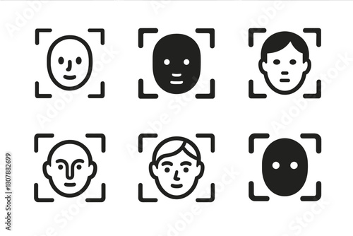 Facial Recognition Logos. Facial recognition. Icon set. Set Logo of facial recognition: camera lens with face aperture motif. harmonious logo variations of the