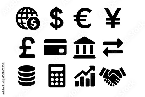 Global Finance Icons. Global Finance. Solid icon set of Global Finance: world currency, dollar, euro, yen, pound, credit card, bank building, transfer arrows,