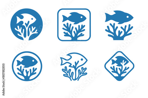 Sustainable Seafood Icons. Sustainable Seafood. Line icon set of Sustainable Seafood: fish silhouette, sustainable badge, certification badge, seasonal