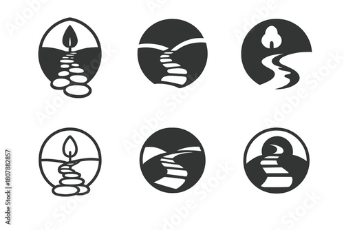 Nature Path Logos. Nature path. Icon set. Set Logo of Nature path: Path through trees. harmonious logo variations of the same emblematic concept, each with