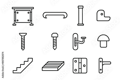 Balustrade Icon Set. Balustrade design. Line icon set of balustrade design: glass panel, handrail, post, base plate, screw, bolt, wall bracket, end cap, stair,