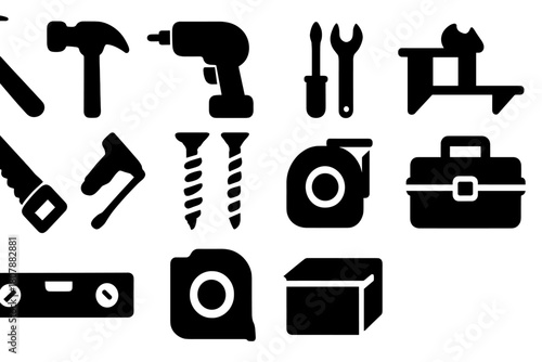 DIY Tool Icon Set. DIY tools. Line icon set of DIY tools: hammer, screwdriver, wrench, pliers, saw, drill, tape measure, nails, bolts, level, utility knife,