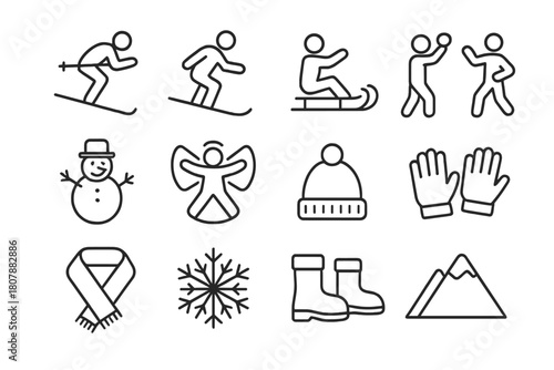 Winter Activities Icons. Snow activities. Line icon set of snow activities: skiing, snowboarding, sledding, snowball fight, snowman, snow angel, hat, gloves,