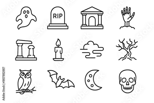 Spirit Icon Set. Spirit apparition. Line icon set of Spirit apparition: ghost, tombstone, skeleton hand, crypt, candle, fog, ancient ruins, owl, bat, twisted