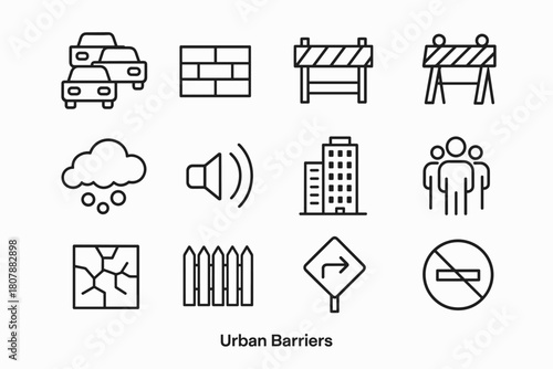 Urban Barrier Icons. Urban Barriers. Line icon set of Urban Barriers: traffic jam, concrete wall, construction barrier, roadblock, pollution cloud, noise