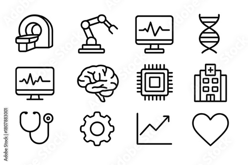 Medical Tech Icons. Medical technology innovation. Line icon set of medical technology innovation: MRI, robotic arm, computer, DNA, monitor, brain, microchip,