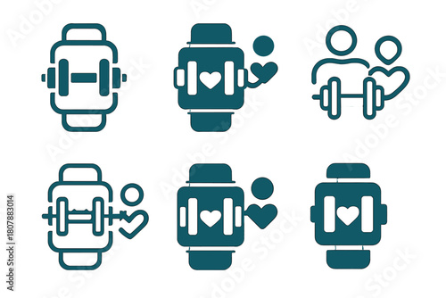 Fitness Equipment Icons. Fitness routine. Solid icon set of Fitness routine: dumbbell, kettlebell, yoga mat, resistance band, water bottle, treadmill, yoga